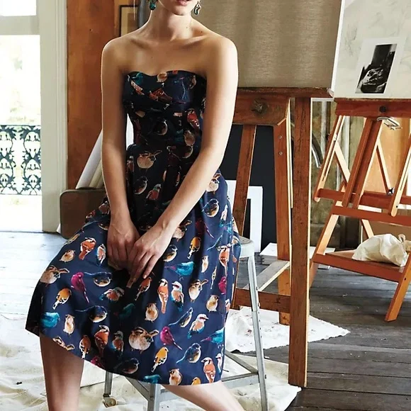 Maeve Navy Native Birds Print Strapless Midi Dress - Picture 3 of 9